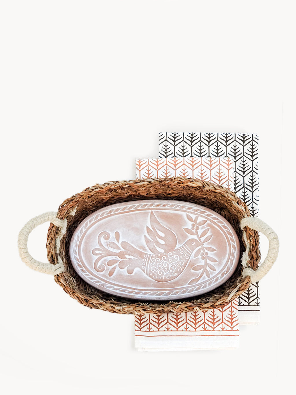 Terracotta Bread Warmer & Seagrass Basket with Tea Towel | Bird & Leaf | KORISSA