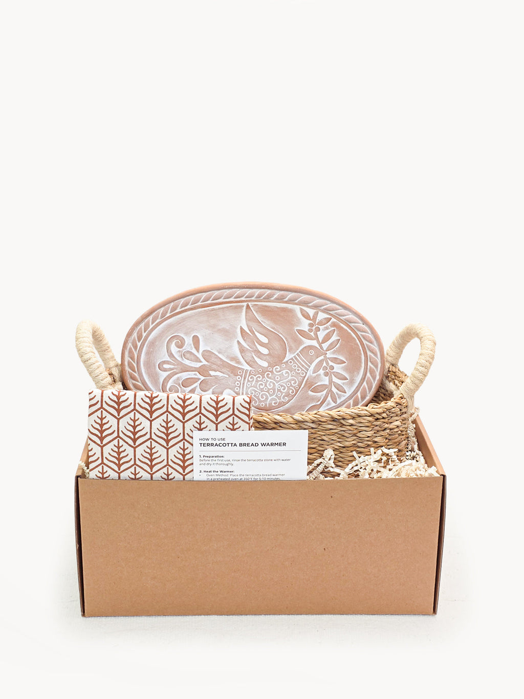 Terracotta Bread Warmer & Seagrass Basket with Tea Towel | Bird & Leaf | KORISSA
