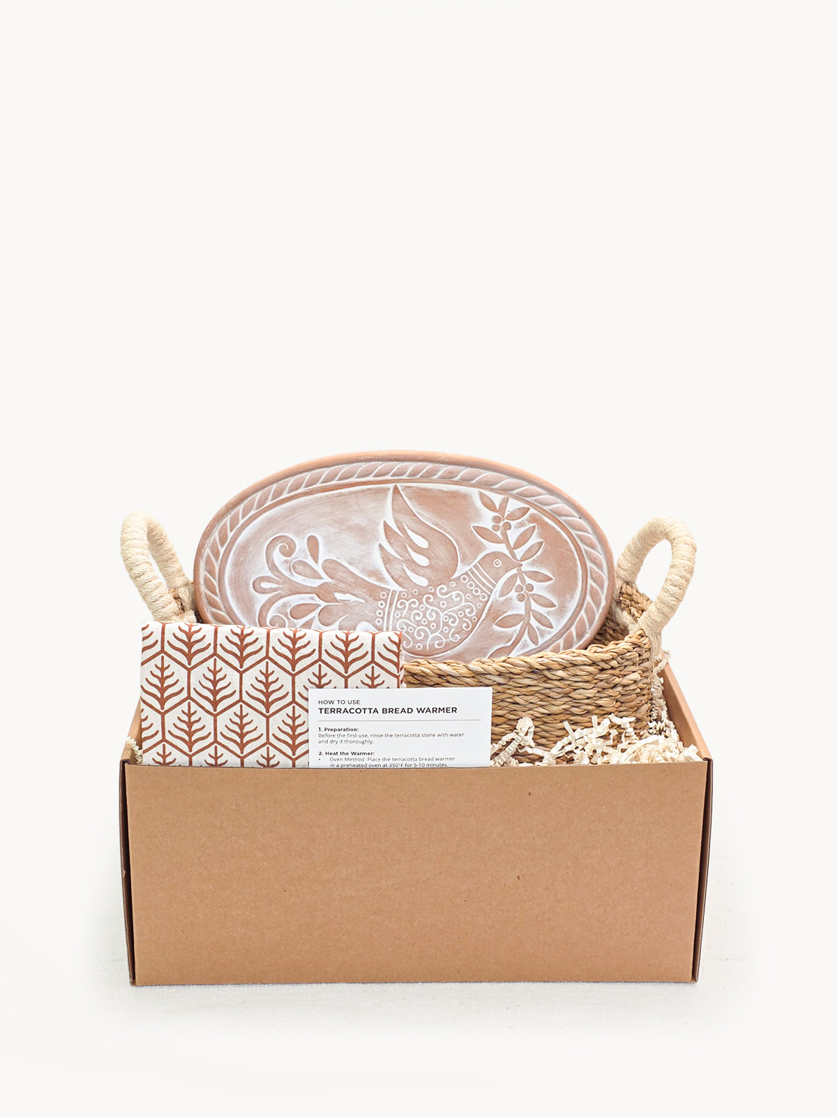 Terracotta Bread Warmer & Seagrass Basket with Tea Towel | Bird & Leaf | KORISSA