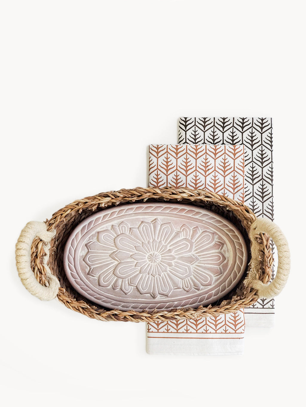 Terracotta Bread Warmer & Basket Gift Set with Tea Towel | Mandala Flower | KORISSA