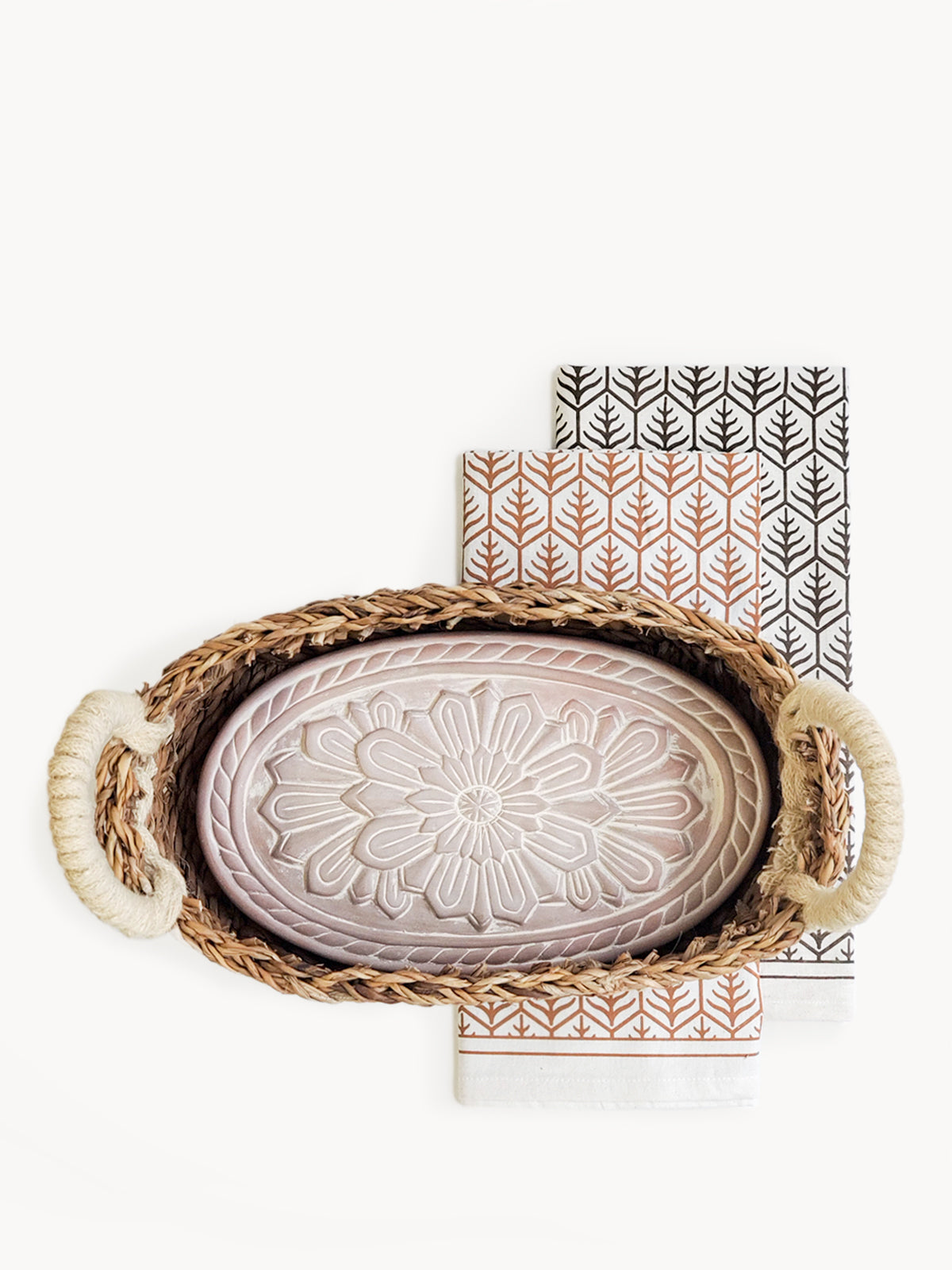Terracotta Bread Warmer & Basket Gift Set with Tea Towel | Mandala Flower | KORISSA