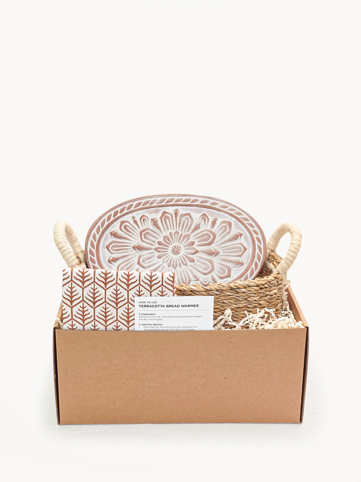 Terracotta Bread Warmer & Basket Gift Set with Tea Towel | Mandala Flower | KORISSA