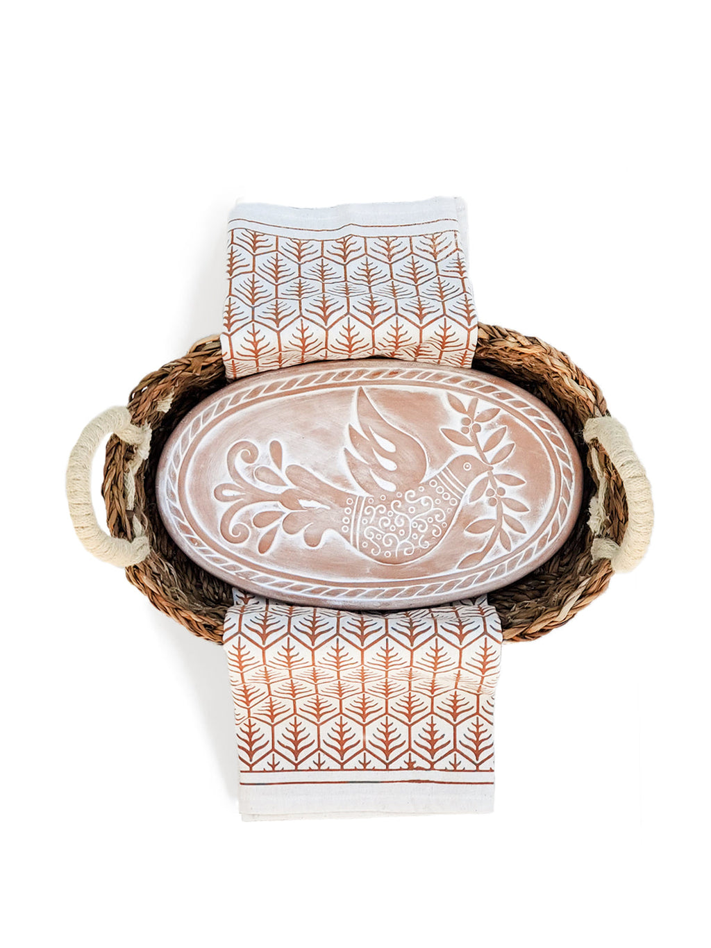 Terracotta Bread Warmer & Seagrass Basket with Tea Towel | Bird & Leaf | KORISSA