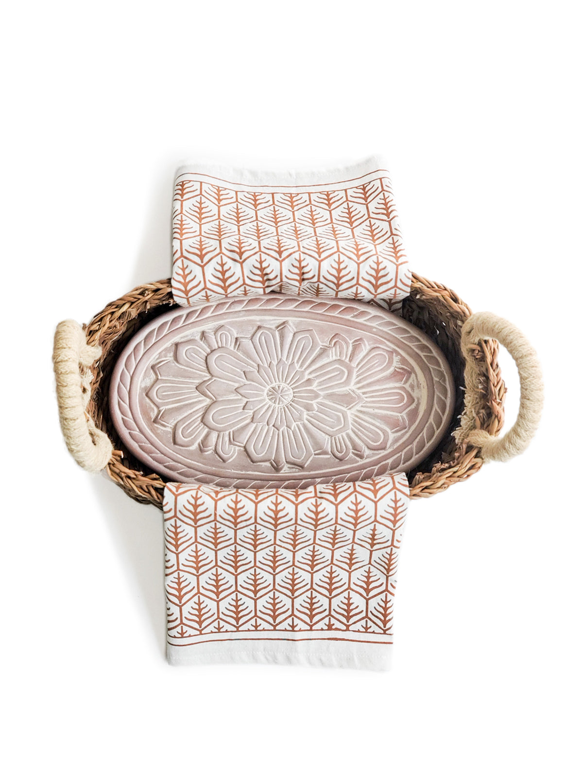 Terracotta Bread Warmer & Basket Gift Set with Tea Towel | Mandala Flower | KORISSA