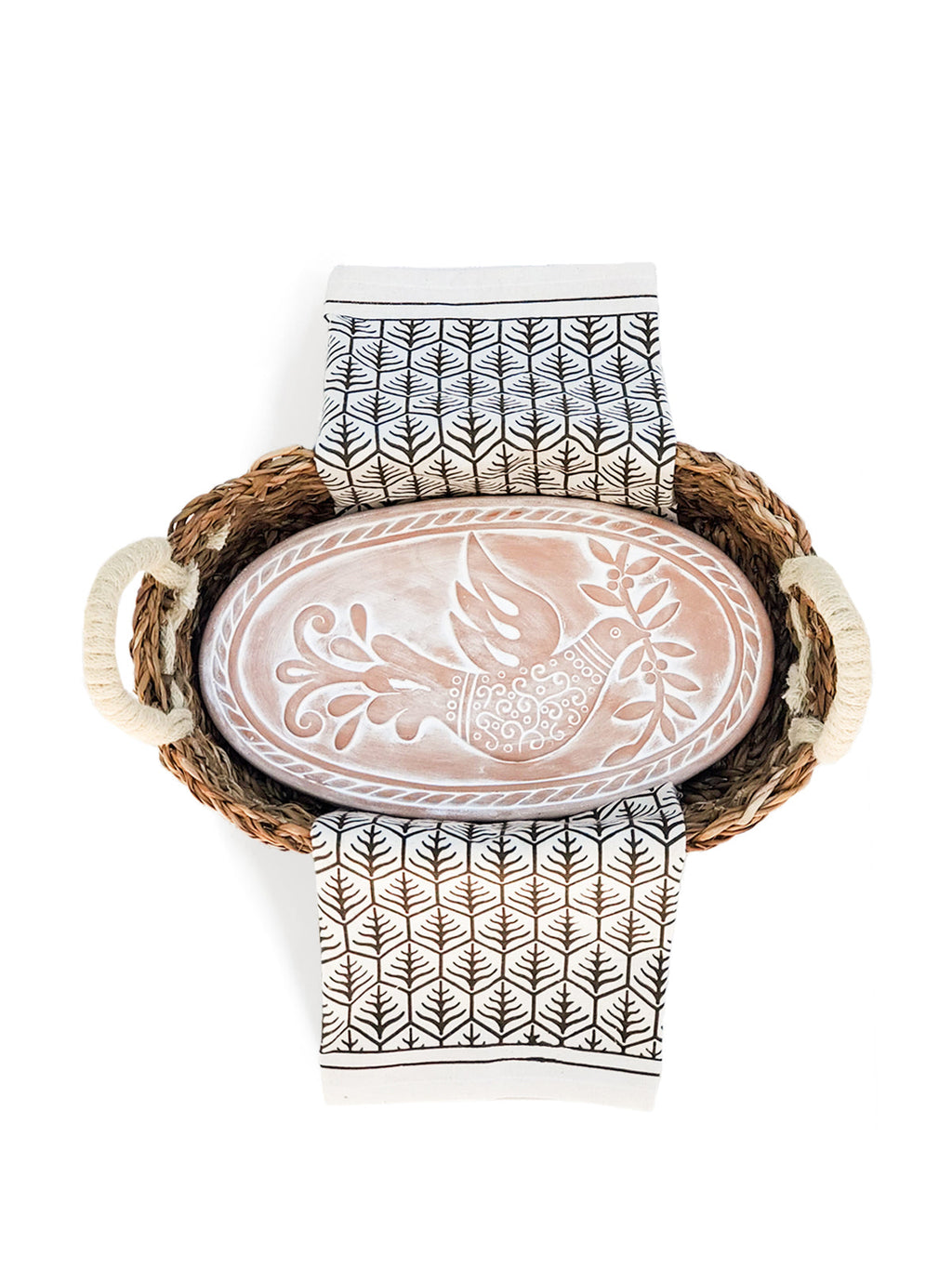 Terracotta Bread Warmer & Seagrass Basket with Tea Towel | Bird & Leaf | KORISSA