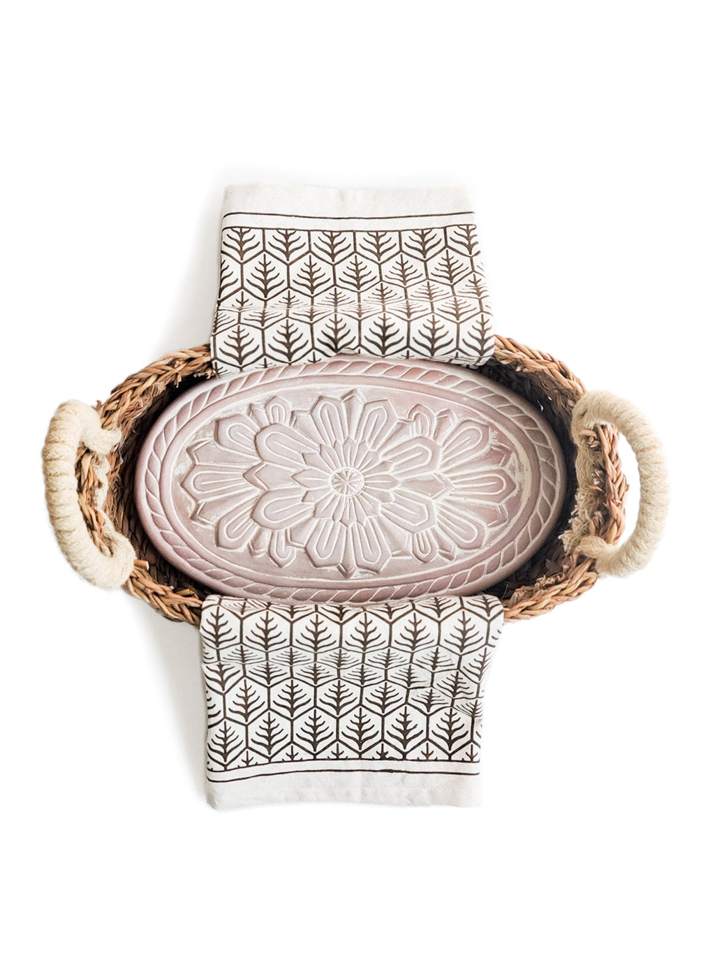 Terracotta Bread Warmer & Basket Gift Set with Tea Towel | Mandala Flower | KORISSA