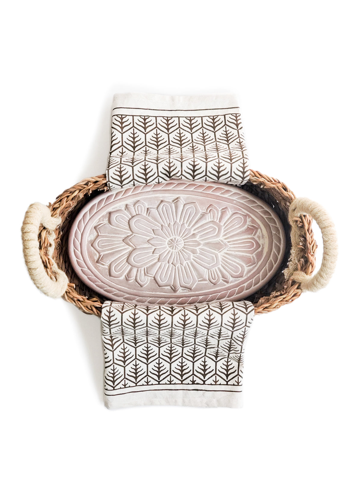 Terracotta Bread Warmer & Basket Gift Set with Tea Towel | Mandala Flower | KORISSA