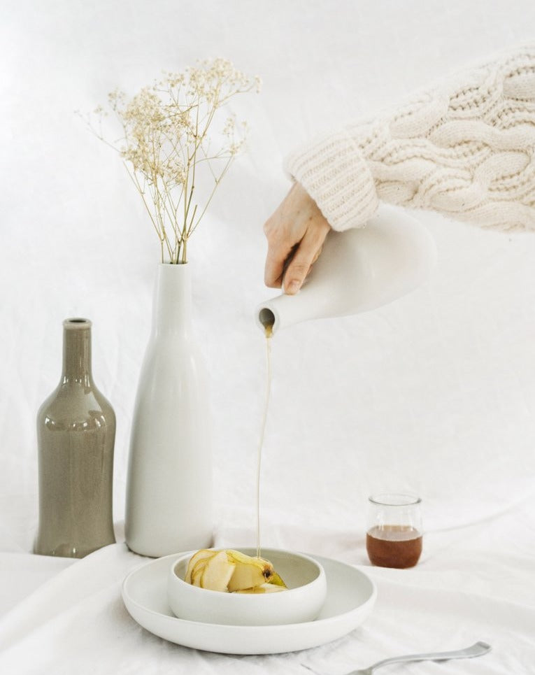 Canard Olive Oil Bottle | Handmade Stoneware | Cork Stopper | Tunisia | Matte Black & Linen