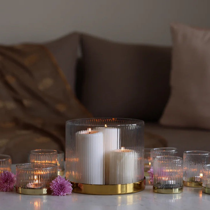 Fluted Glass Vase & Candle Holder with Brass Base | Hand-Blown | Fleck India