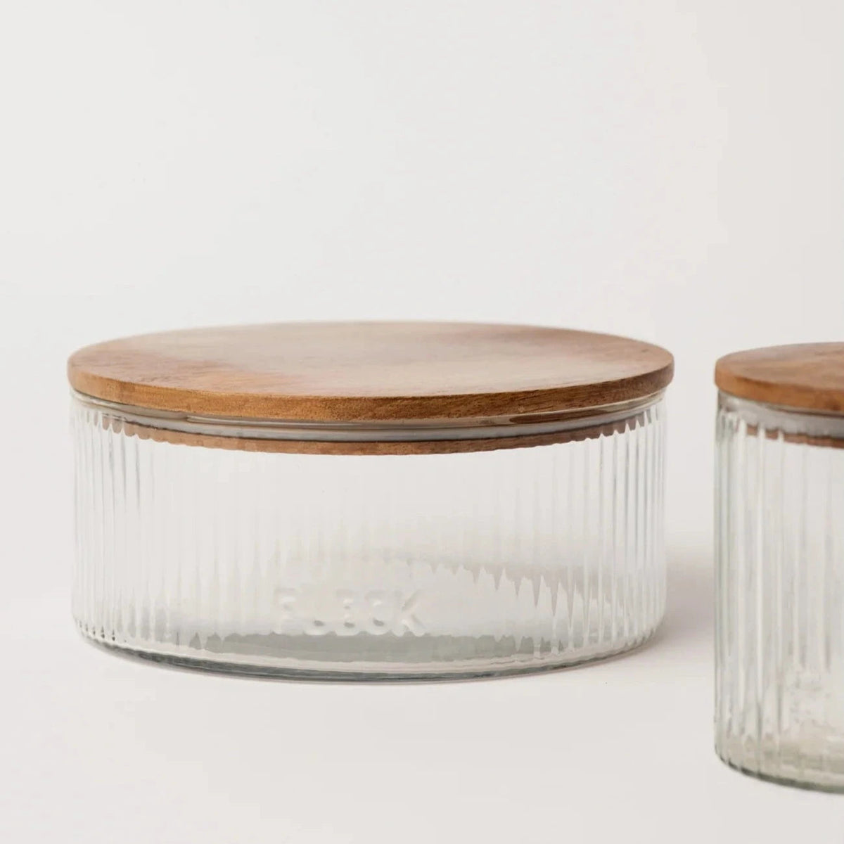 Fluted Glass Storage Jars with Acacia Lids | Set of 3 | Fleck India