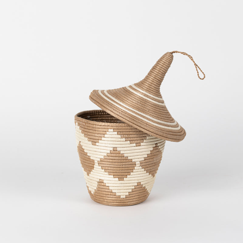 Sisal Peace Basket | Chevron | Conical Lid | Tea-Dyed | Rwanda | Azizi Life