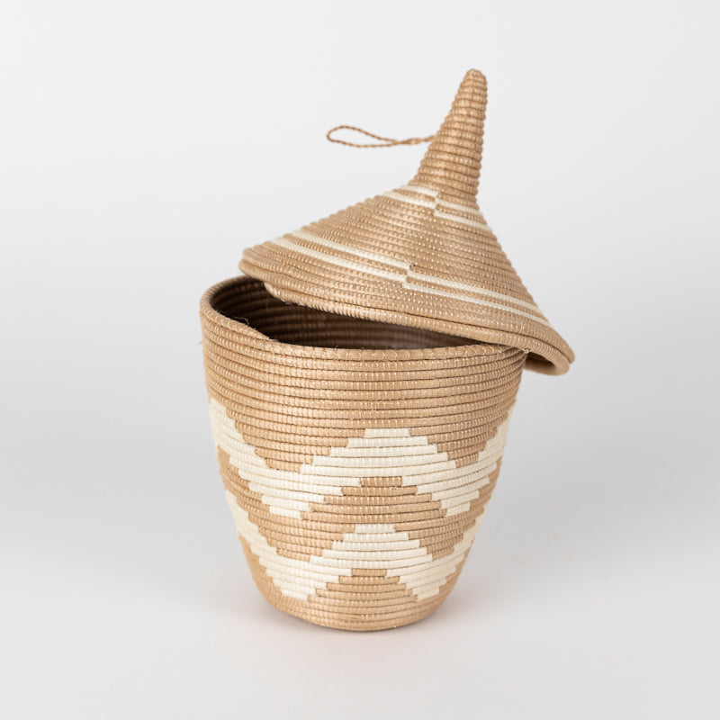 Sisal Peace Basket | Chevron | Conical Lid | Tea-Dyed | Rwanda | Azizi Life