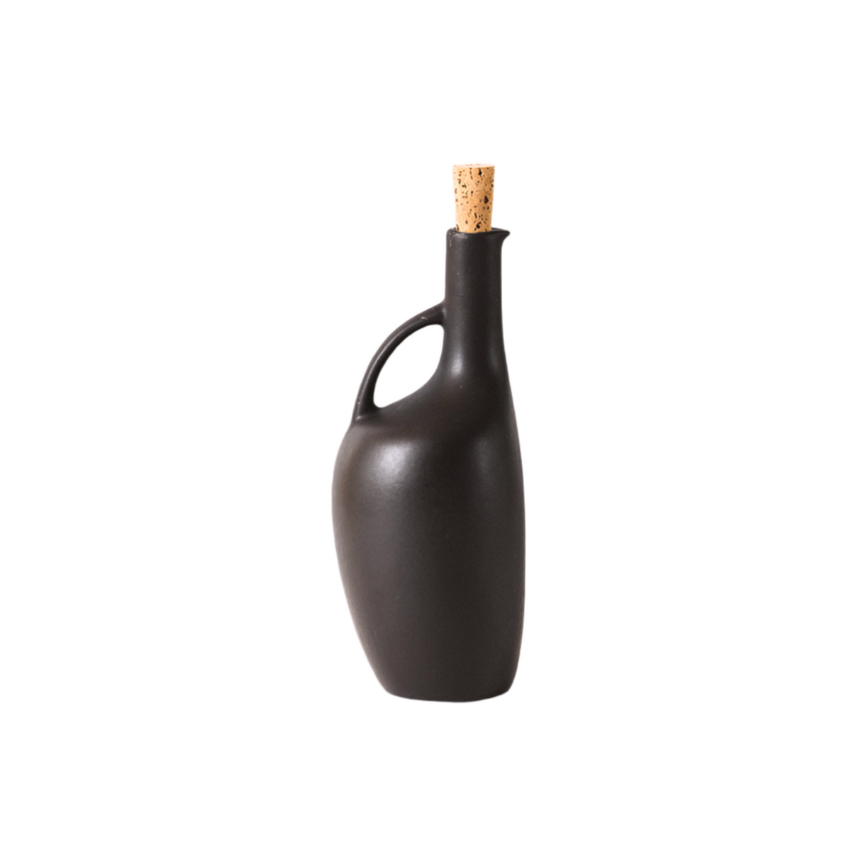 Canard Olive Oil Bottle | Handmade Stoneware | Cork Stopper | Tunisia | Matte Black & Linen
