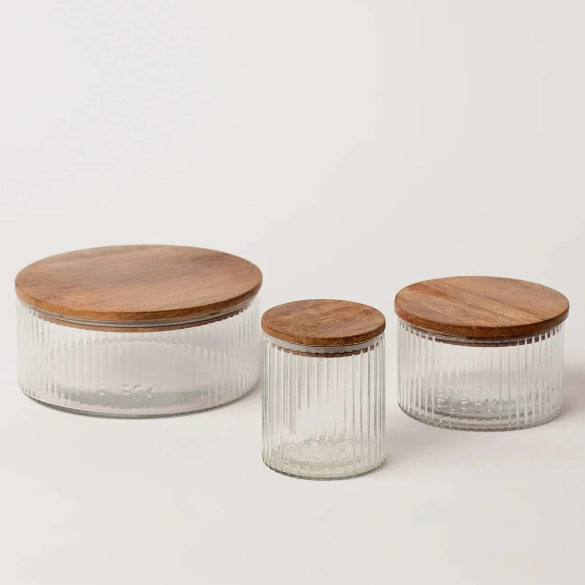 Fluted Glass Storage Jars with Acacia Lids | Set of 3 | Fleck India