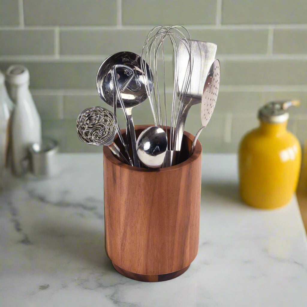 Acacia Wood Utensil Holder | Stave-Built Cylinder | Removable Lid | Medium & Large