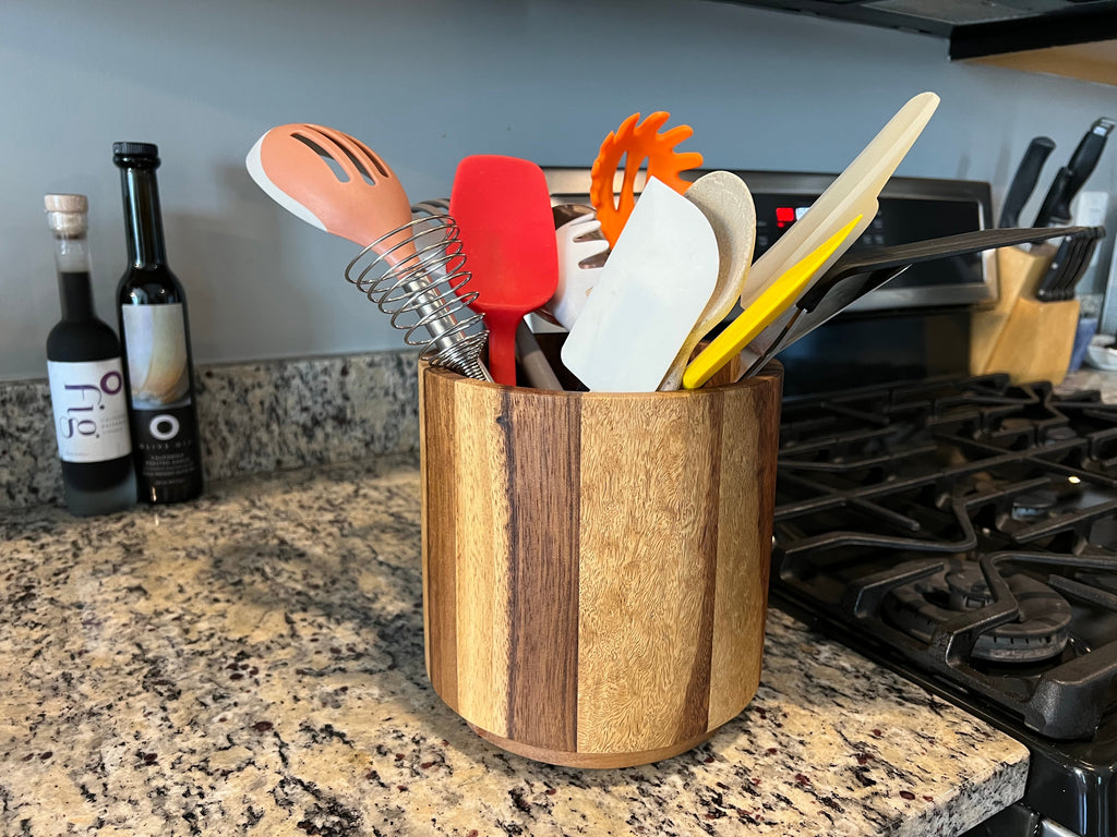 Acacia Wood Utensil Holder | Stave-Built Cylinder | Removable Lid | Medium & Large