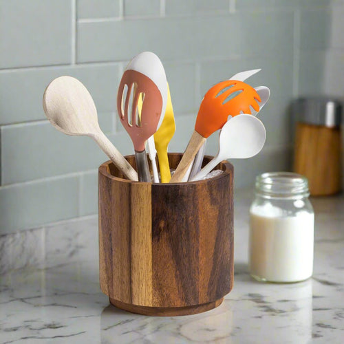 Acacia Wood Utensil Holder | Stave-Built Cylinder | Removable Lid | Medium & Large