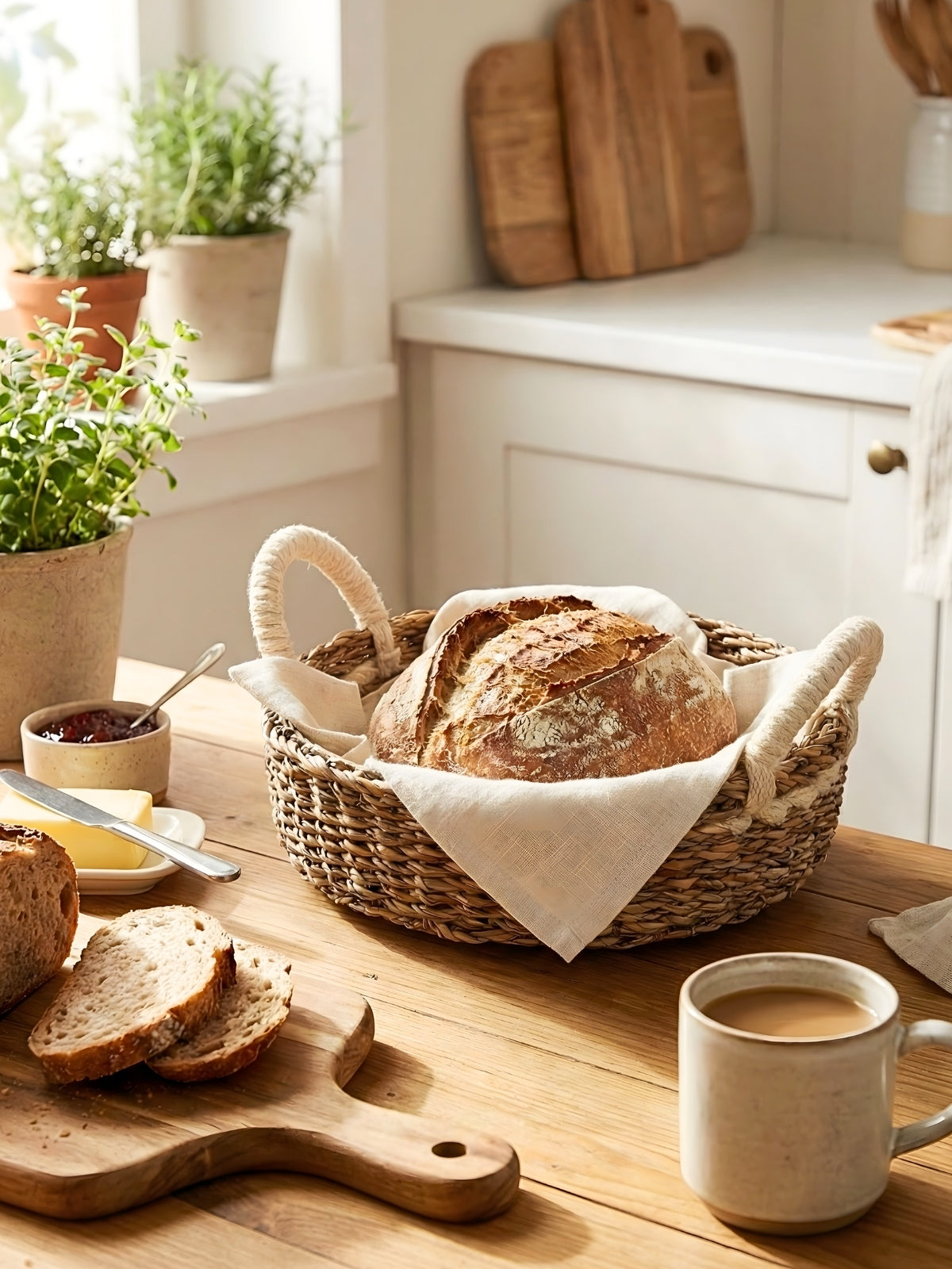 Savar Seagrass Bread Basket | Round | White Cotton Handles | KORISSA