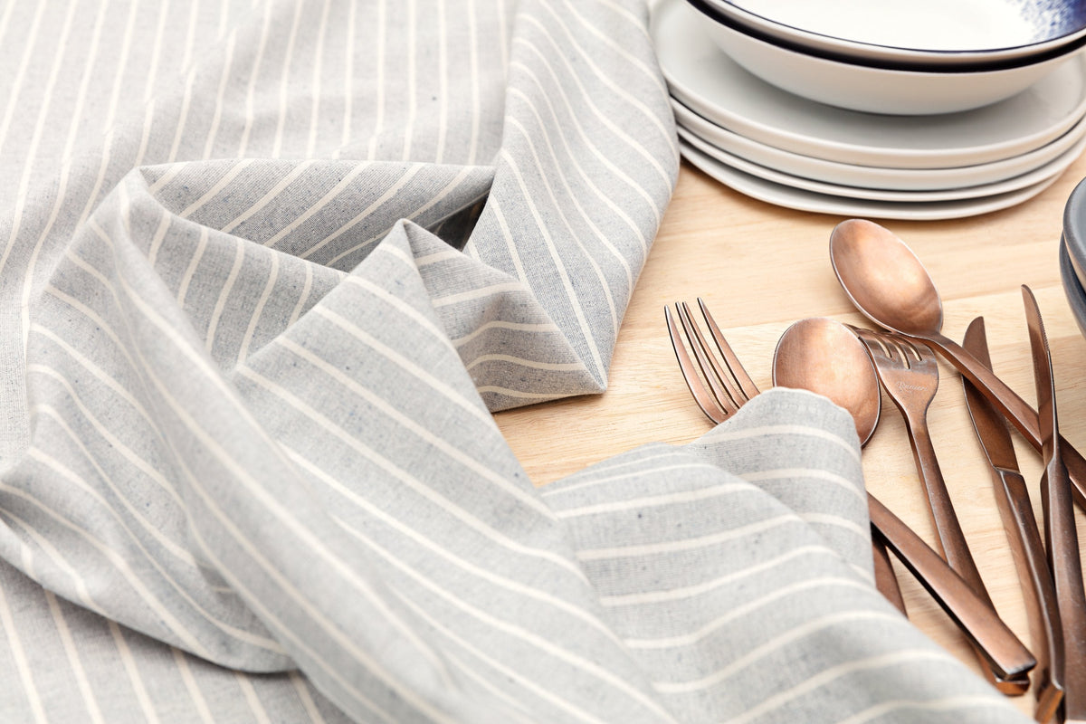 Grey Stripe Tablecloth | 62% Upcycled Cotton | Pinstripe | 3 Sizes | Grey Striped