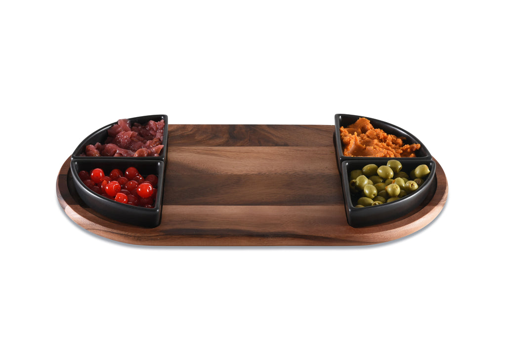 Oval Acacia Wood Serving Board with 4 Ceramic Bowls | Black or White | Entertaining Set