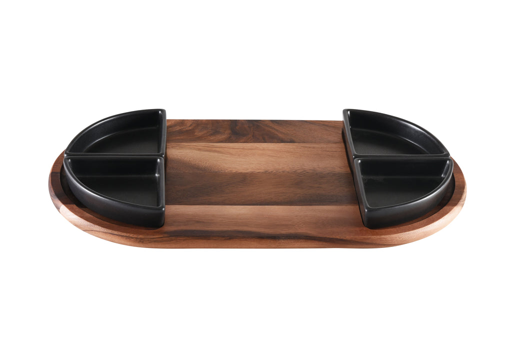 Oval Acacia Wood Serving Board with 4 Ceramic Bowls | Black or White | Entertaining Set