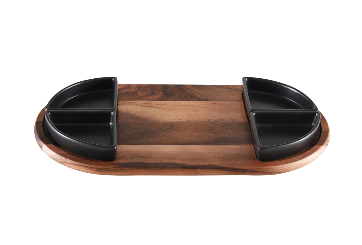 Oval Acacia Wood Serving Board with 4 Ceramic Bowls | Black or White | Entertaining Set
