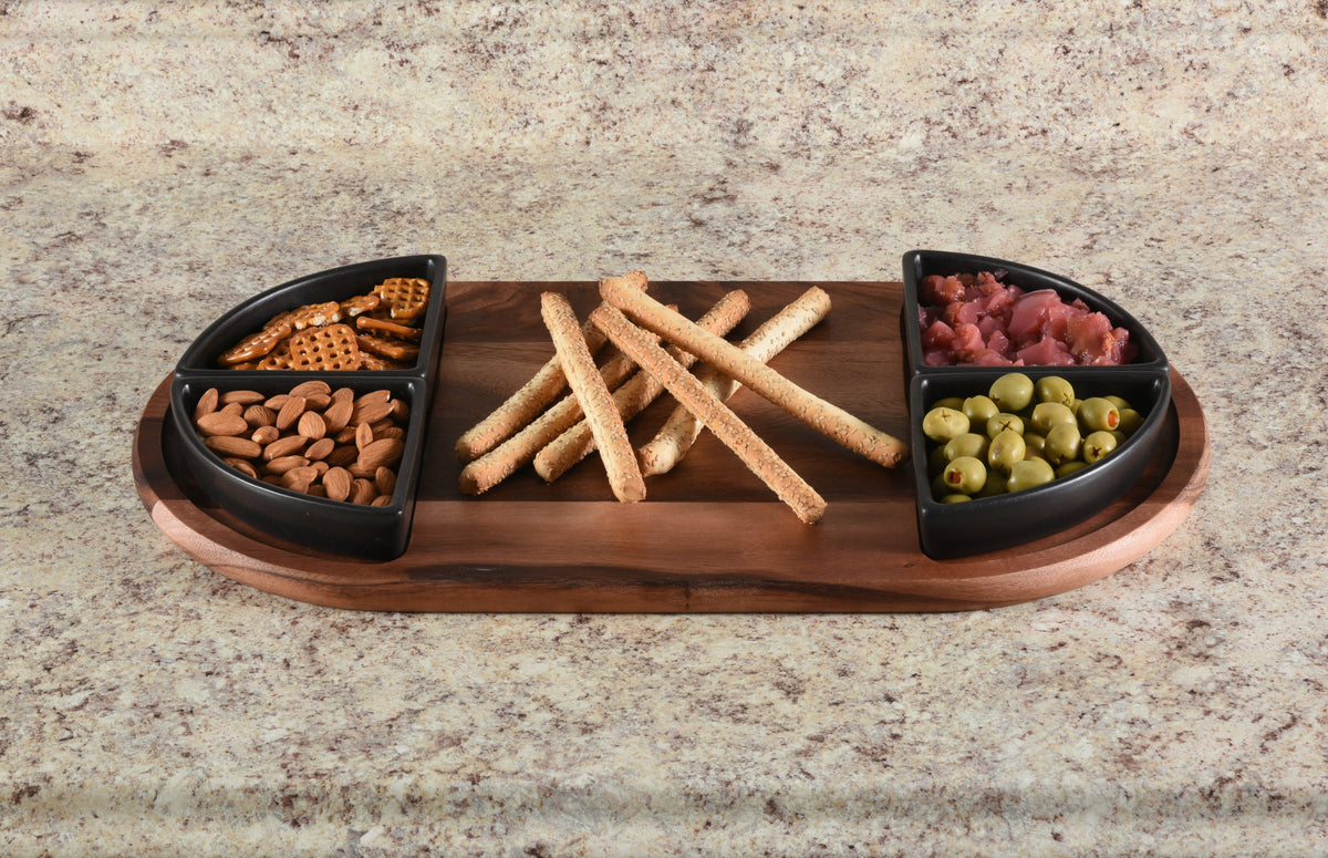 Oval Acacia Wood Serving Board with 4 Ceramic Bowls | Black or White | Entertaining Set