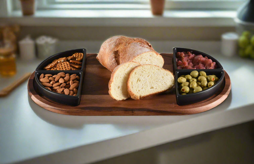 Oval Acacia Wood Serving Board with 4 Ceramic Bowls | Black or White | Entertaining Set