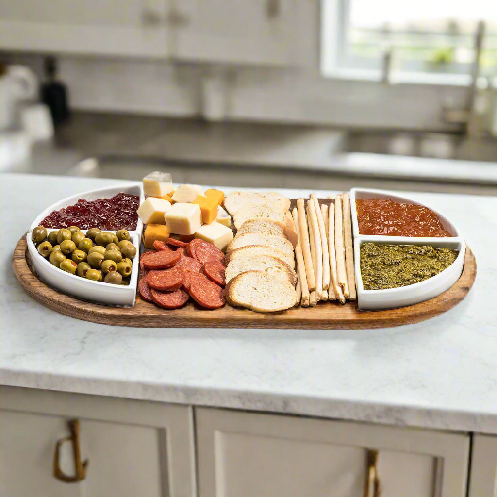 Oval Acacia Wood Serving Board with 4 Ceramic Bowls | Black or White | Entertaining Set