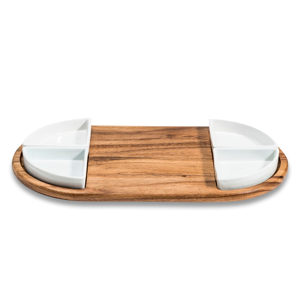 Oval Acacia Wood Serving Board with 4 Ceramic Bowls | Black or White | Entertaining Set