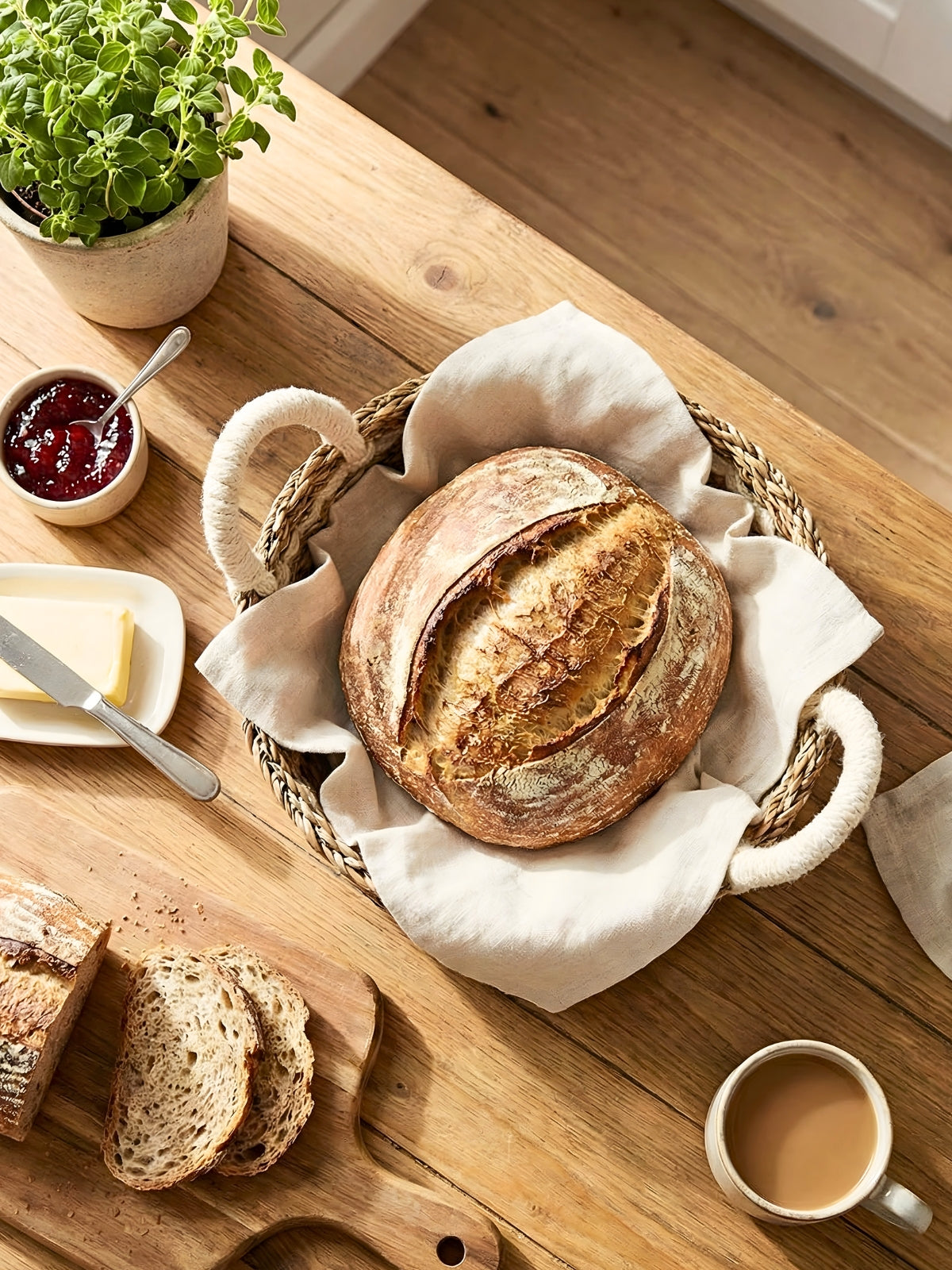 Savar Seagrass Bread Basket | Round | White Cotton Handles | KORISSA