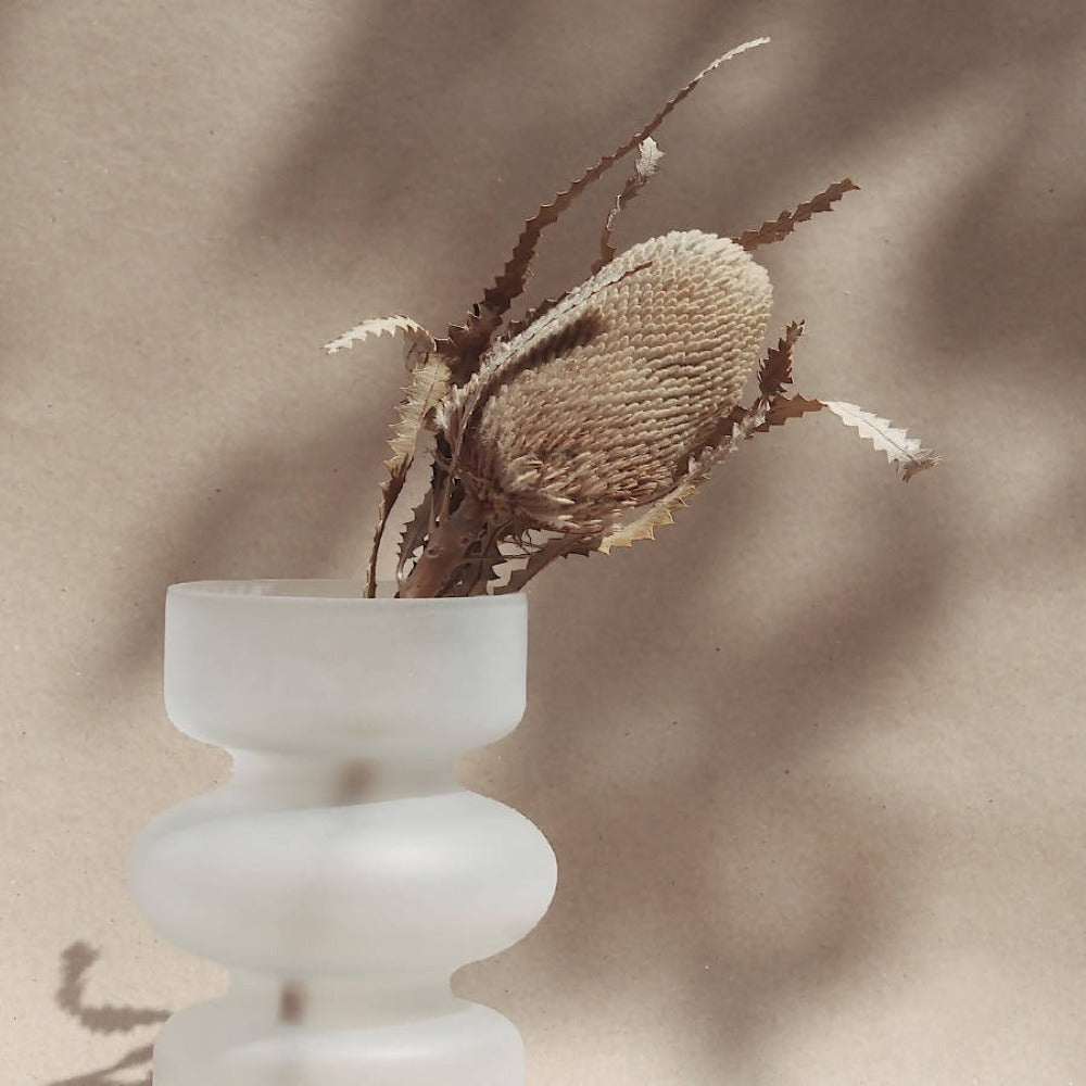 Sculptural Frosted Glass Vase | Toroid Stack Form | Frosted White | Fleck India
