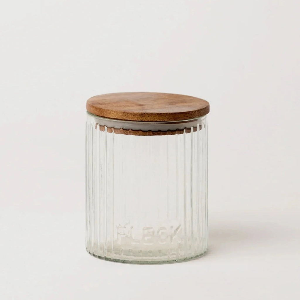 Fluted Glass Storage Jars with Acacia Lids | Set of 3 | Fleck India