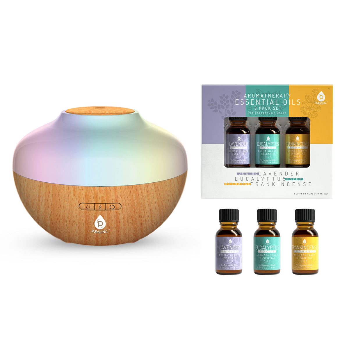 Pursonic Aromatherapy Diffuser & Essential Oil Set | Ultrasonic 300ml | Lavender, Eucalyptus & Frankincense