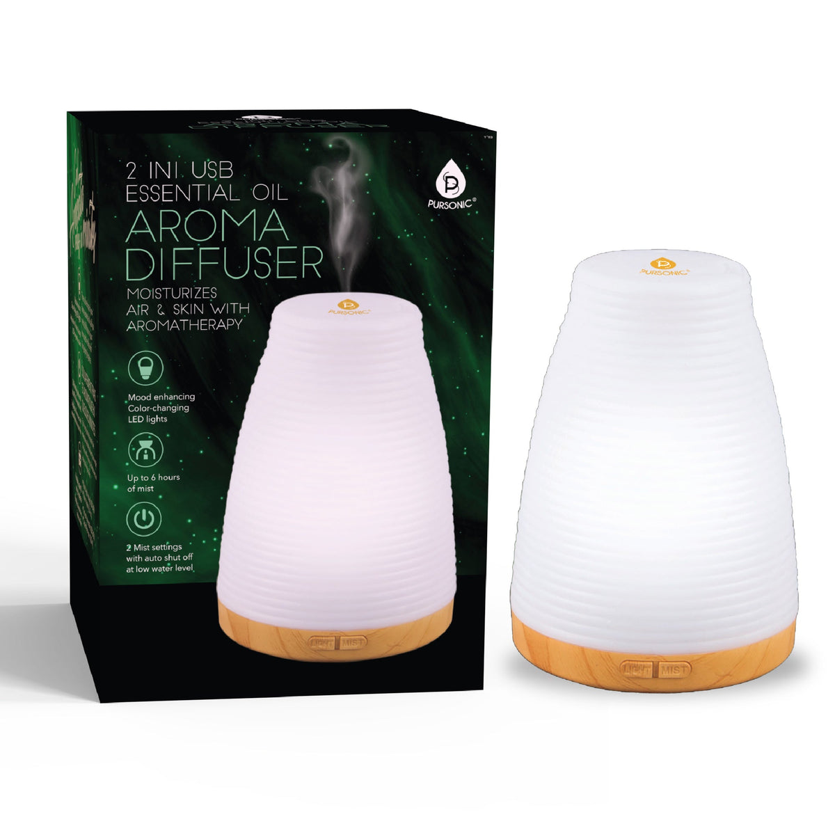 2-in-1 USB Ultrasonic Aroma Diffuser | Cool Mist, Color LED & Humidifier | Pursonic