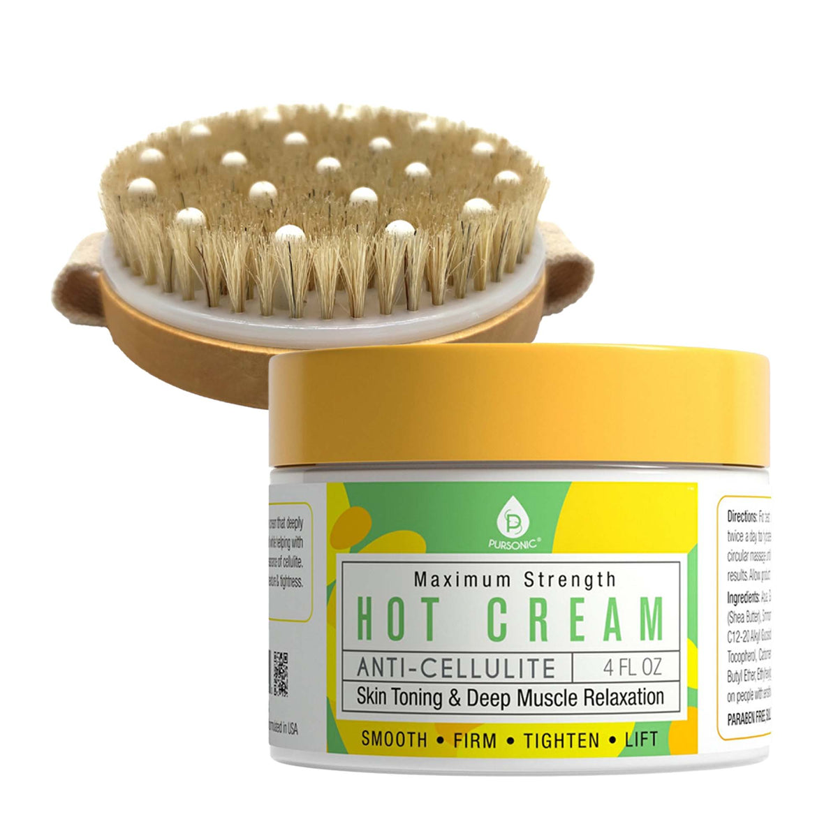 Pursonic Warming Body Cream Bundle | Bath Brush + Rubber Massager | Lotus Wood Handle