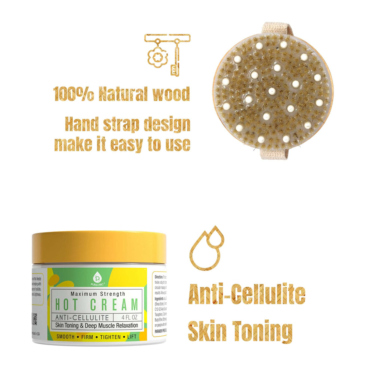 Pursonic Warming Body Cream Bundle | Bath Brush + Rubber Massager | Lotus Wood Handle