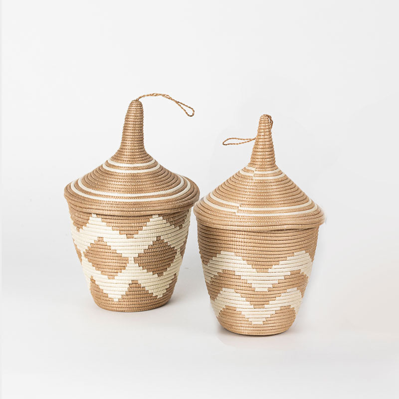 Sisal Peace Basket | Chevron | Conical Lid | Tea-Dyed | Rwanda | Azizi Life