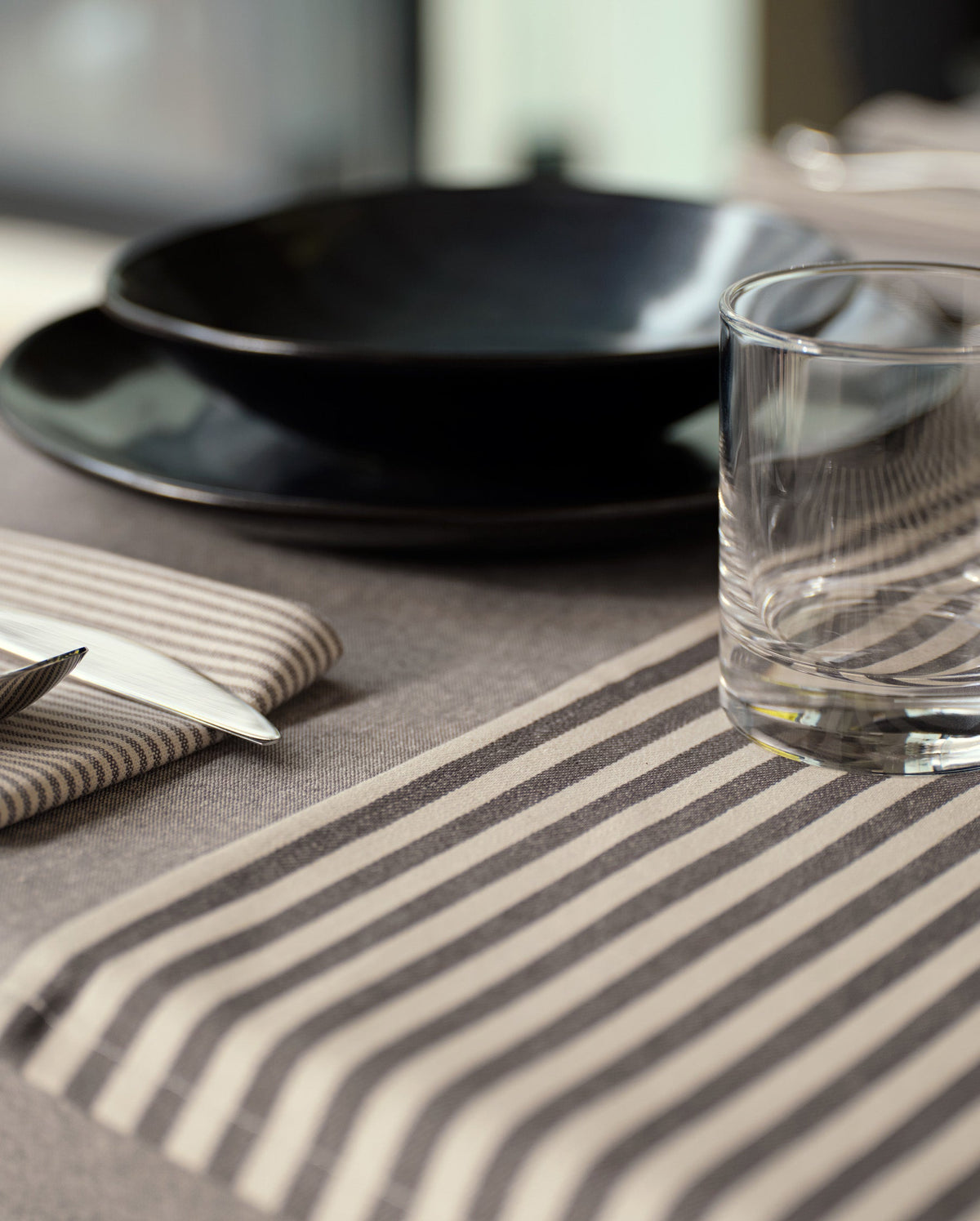 Linen-Cotton Table Runner | Pinstriped & Solid | Blue, Charcoal | KORISSA