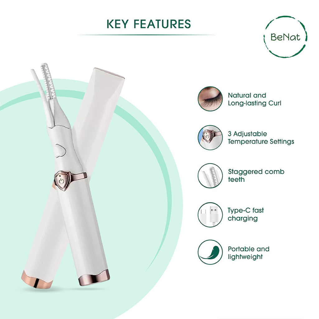 BeNat Rechargeable Electric Eyelash Curler | 3 Heat Settings | Smart LED | 24-Hour Curl