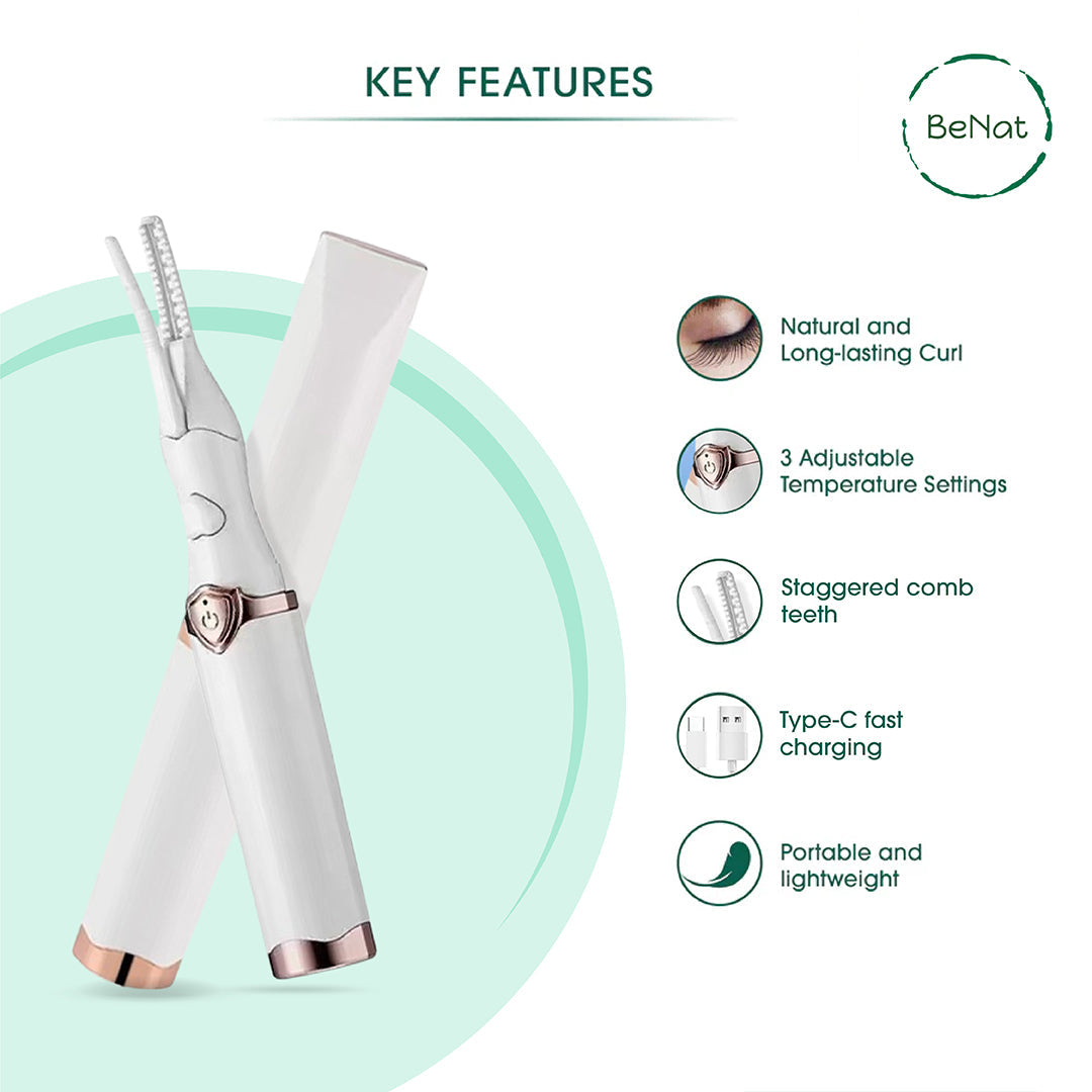 BeNat Rechargeable Electric Eyelash Curler | 3 Heat Settings | Smart LED | 24-Hour Curl