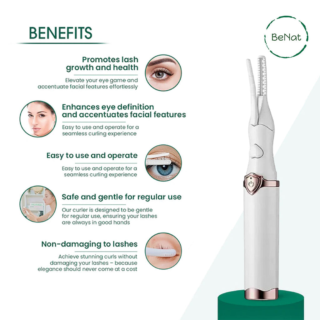 BeNat Rechargeable Electric Eyelash Curler | 3 Heat Settings | Smart LED | 24-Hour Curl