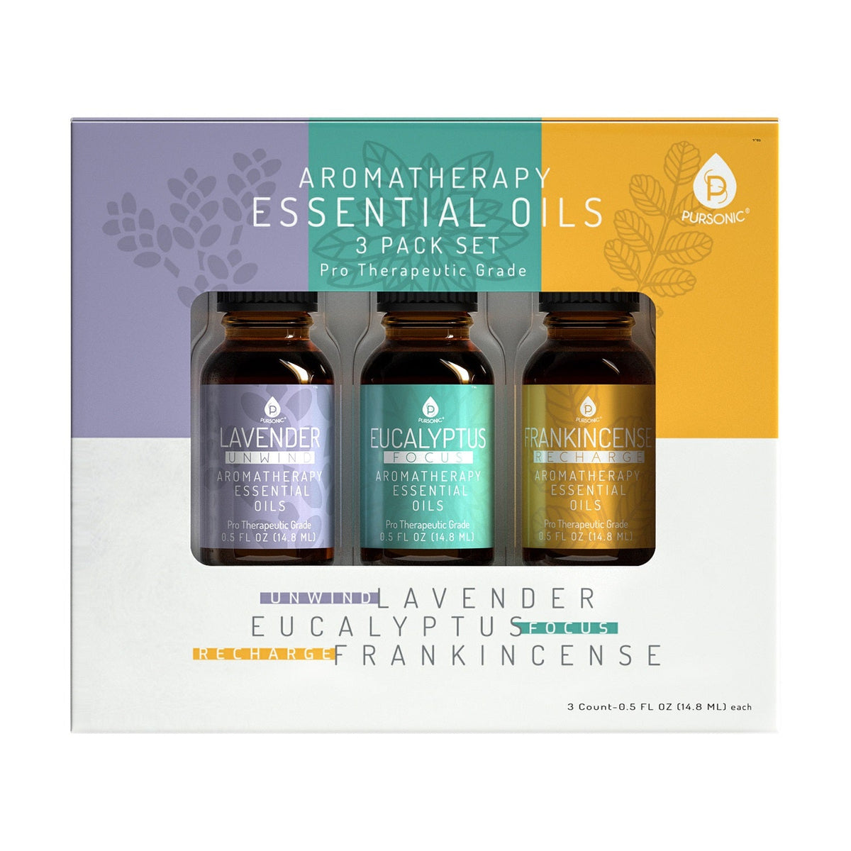 Pursonic 3-Pack Aromatherapy Essential Oils | Lavender, Eucalyptus & Frankincense
