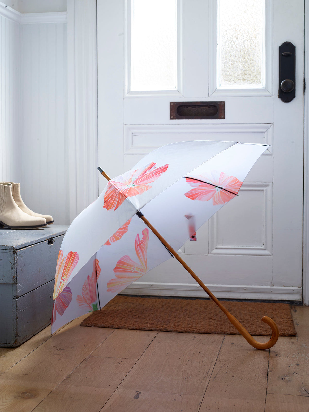 Hibiscus on Snow Umbrella | Large Storm Umbrella | Curved Wood Handle | India & Purry