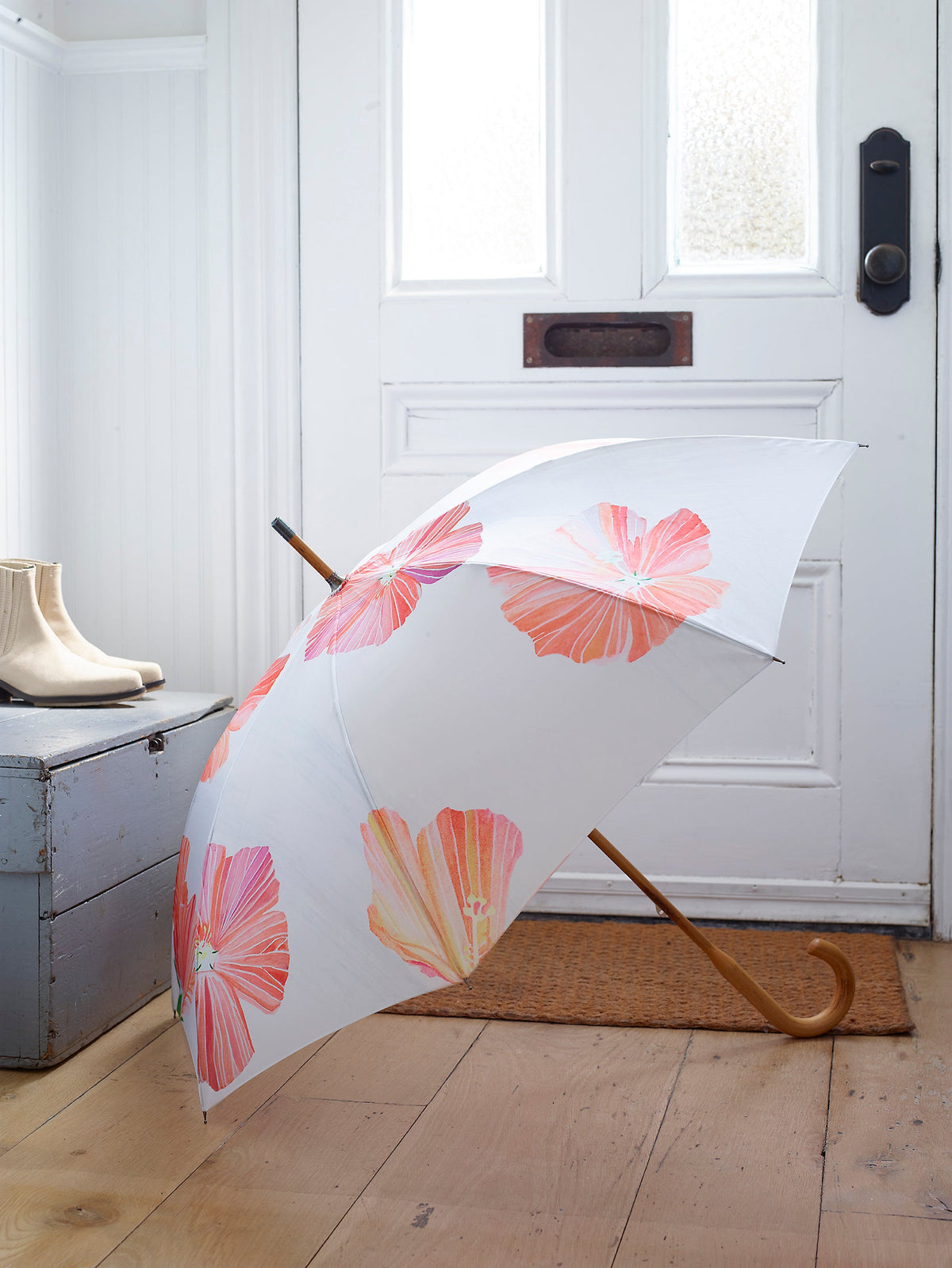 Hibiscus on Snow Umbrella | Large Storm Umbrella | Curved Wood Handle | India & Purry