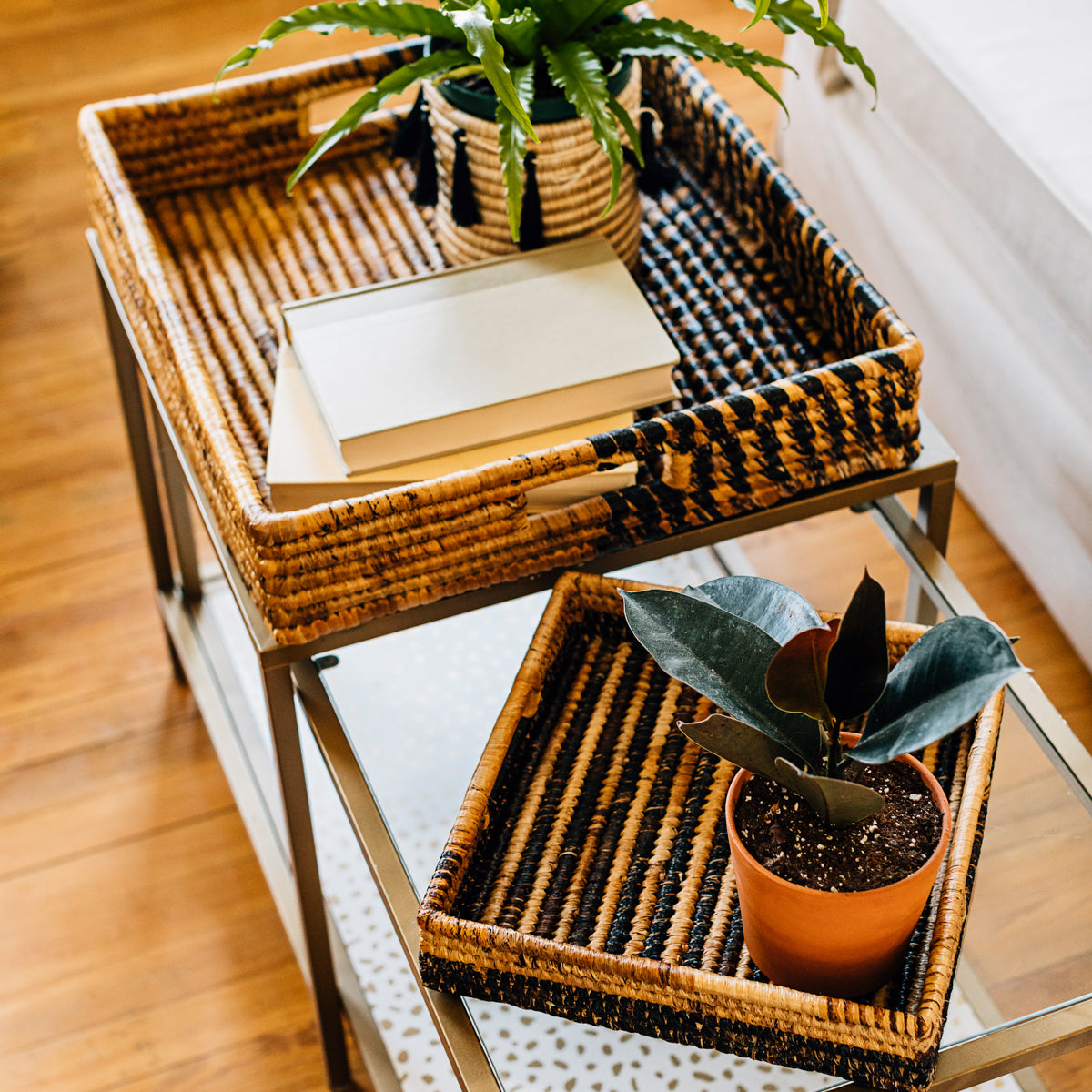 Parker Banana Leaf Tray | Handwoven Rattan & Banana Leaf | Natural & Black | Medium & Grand