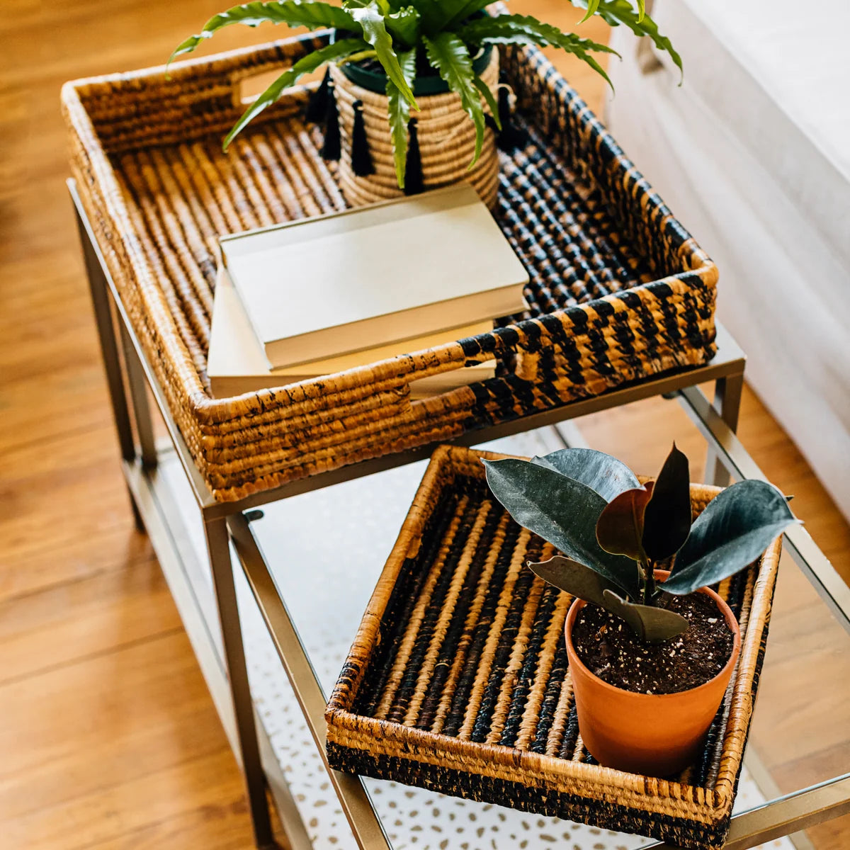 Parker Banana Leaf Tray | Handwoven Rattan & Banana Leaf | Natural & Black | Medium & Grand