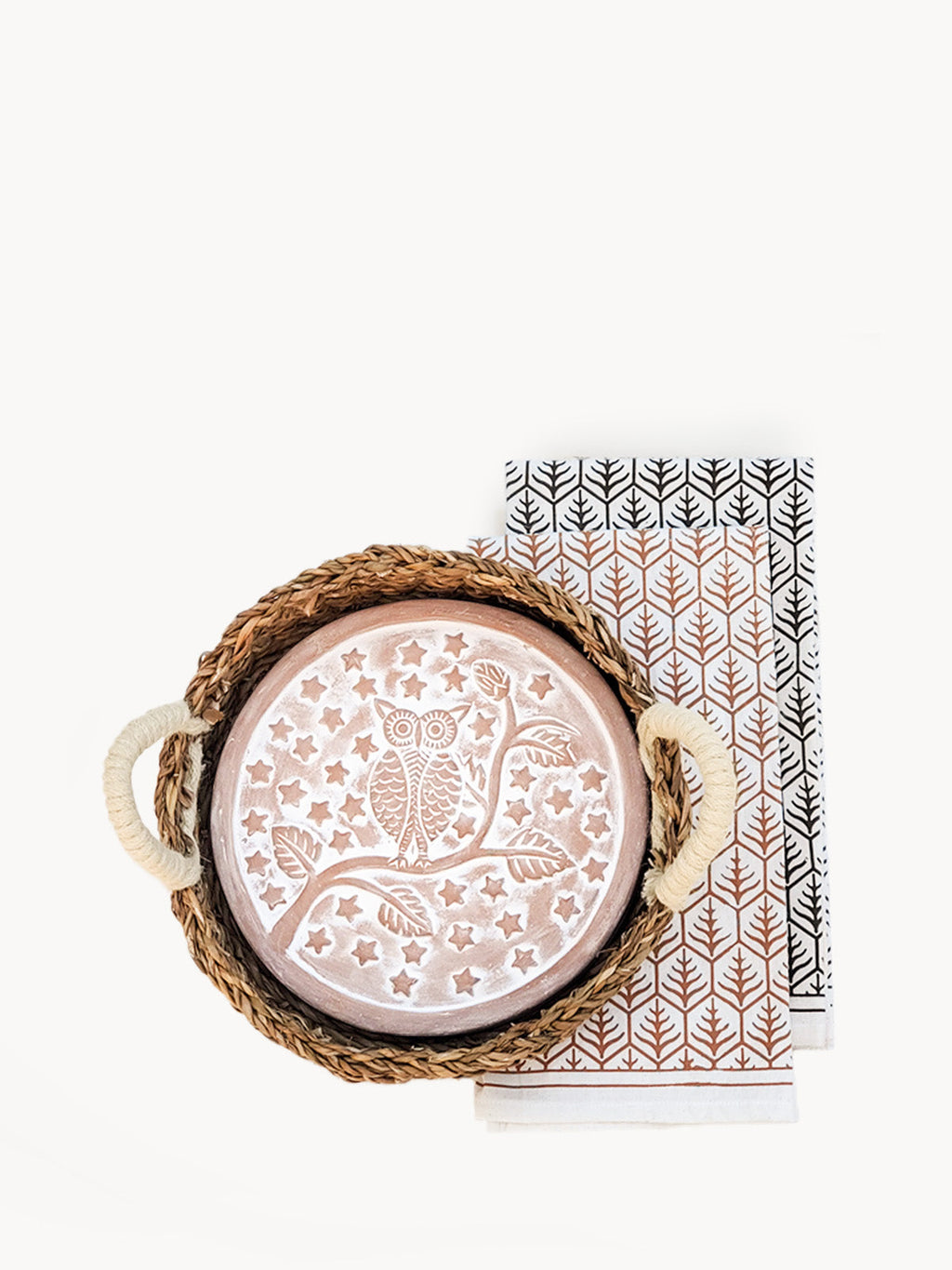 Terracotta Bread Warmer & Seagrass Basket with Tea Towel | Owl | KORISSA