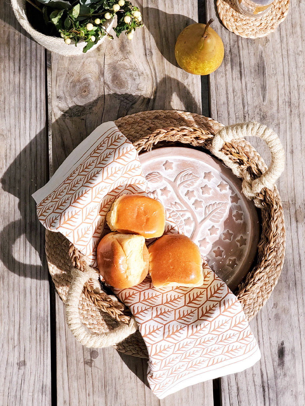 Terracotta Bread Warmer & Seagrass Basket with Tea Towel | Owl | KORISSA