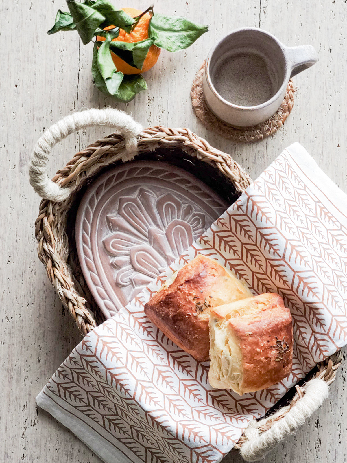 Terracotta Bread Warmer & Basket Gift Set with Tea Towel | Mandala Flower | KORISSA